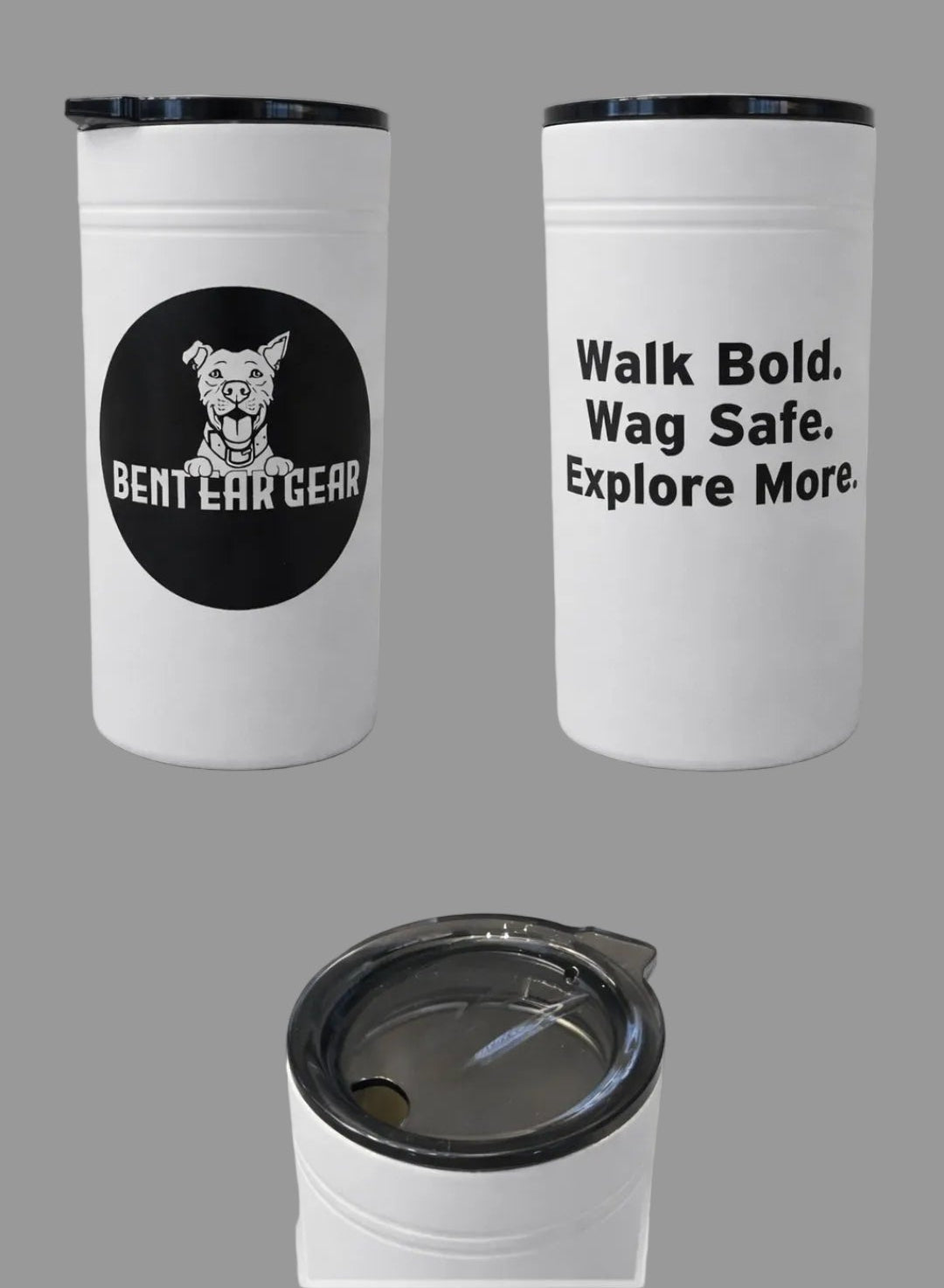 White tumbler with black lid featuring text and a logo on a light gray background