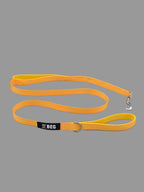 Yellow dog leash with a black brand label on a gray background